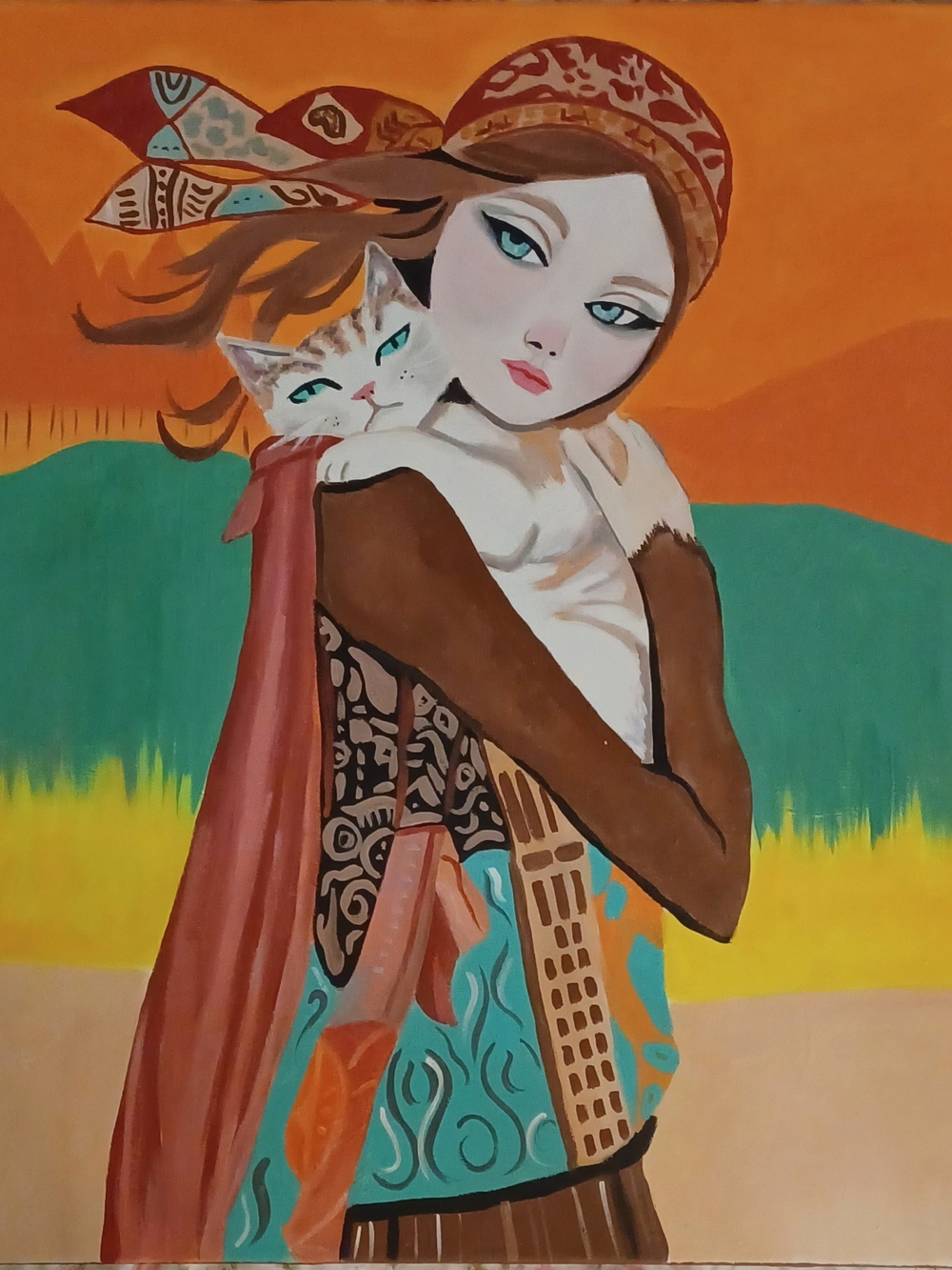 Original Acrylic Painting Girl With Cat Portrait Canvas - Multi-Color